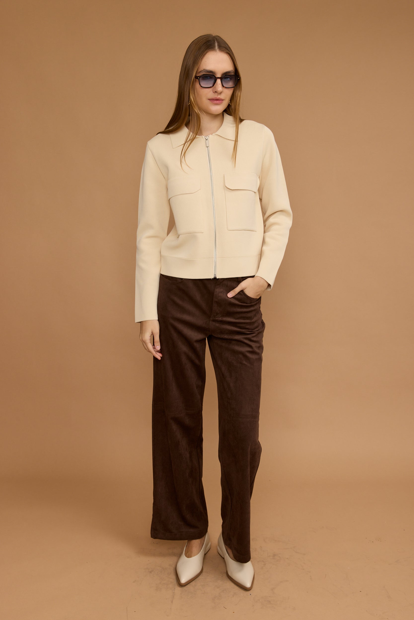 קרדיגן צווארון זיפר כיסים