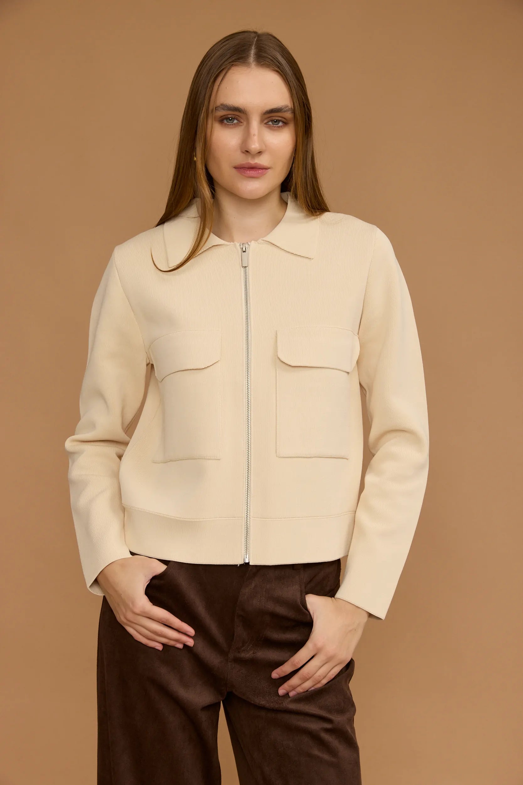 קרדיגן צווארון זיפר כיסים