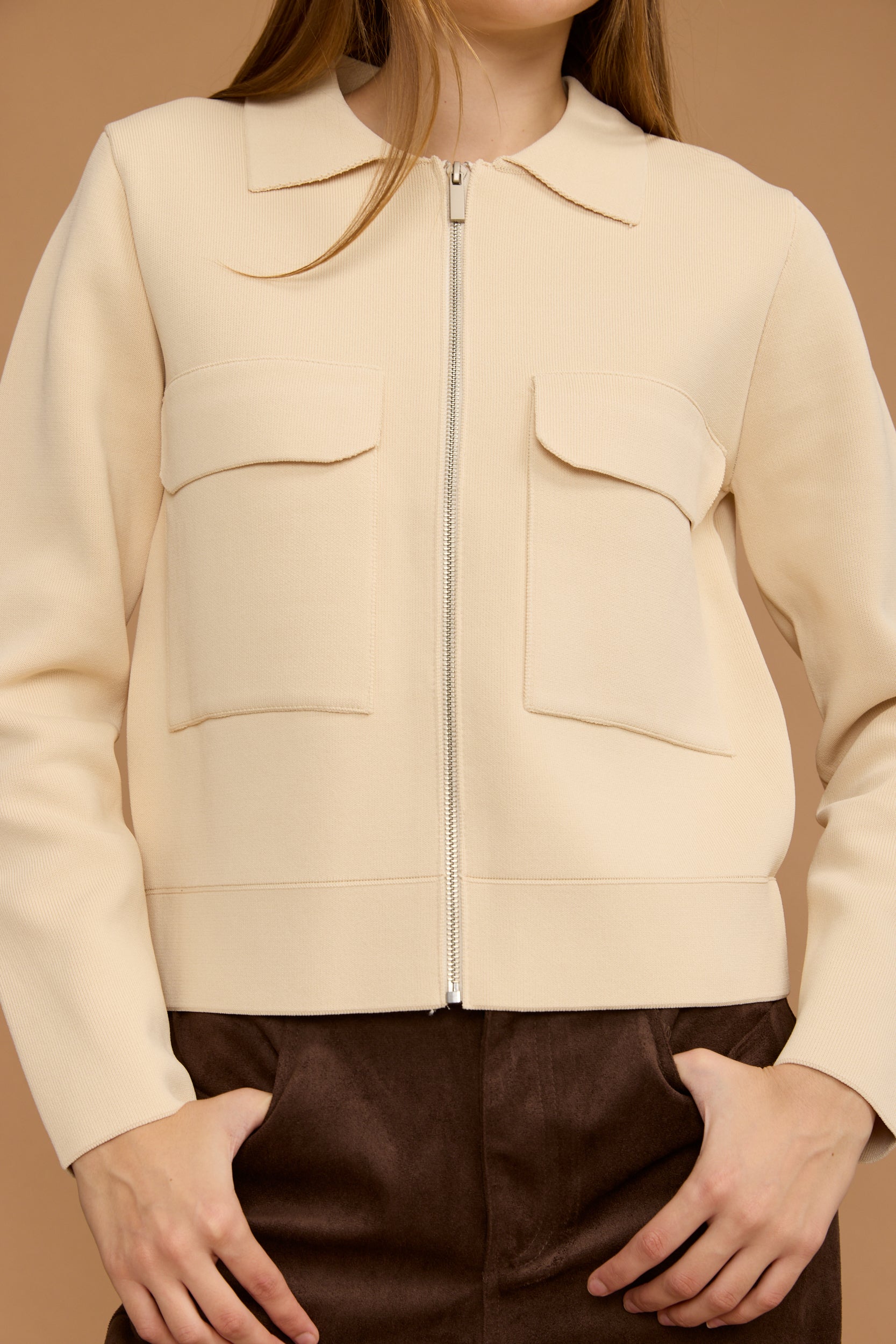 קרדיגן צווארון זיפר כיסים