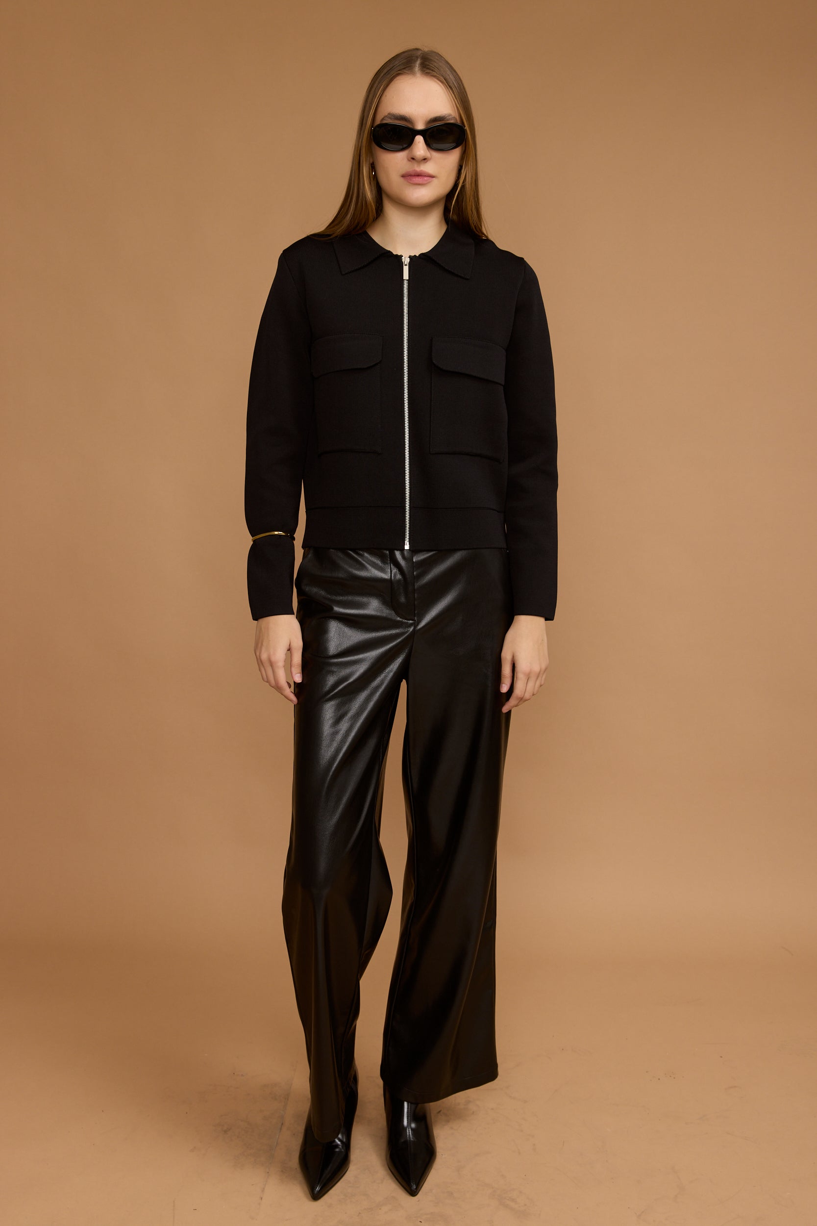 קרדיגן צווארון זיפר כיסים