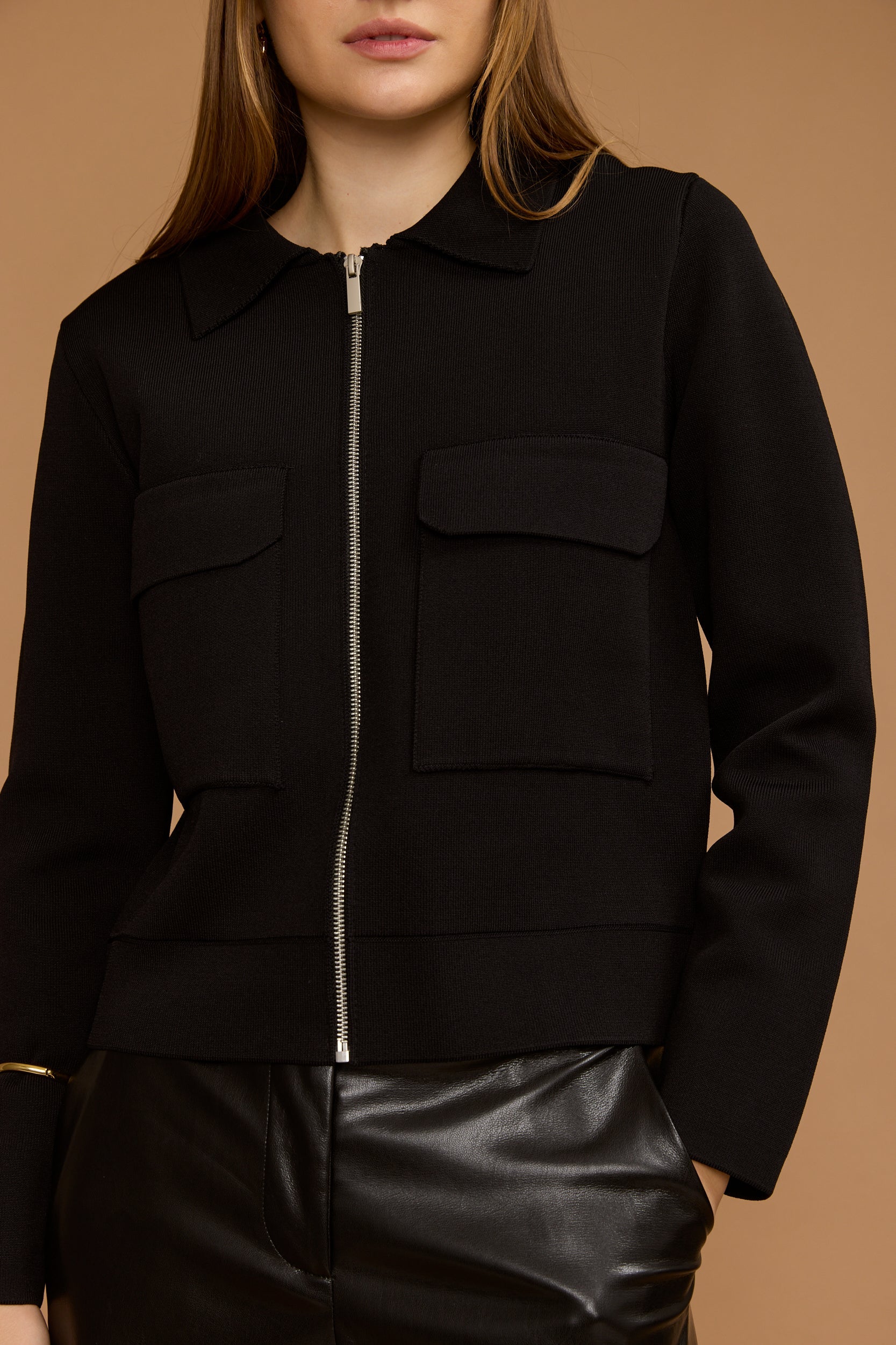 קרדיגן צווארון זיפר כיסים