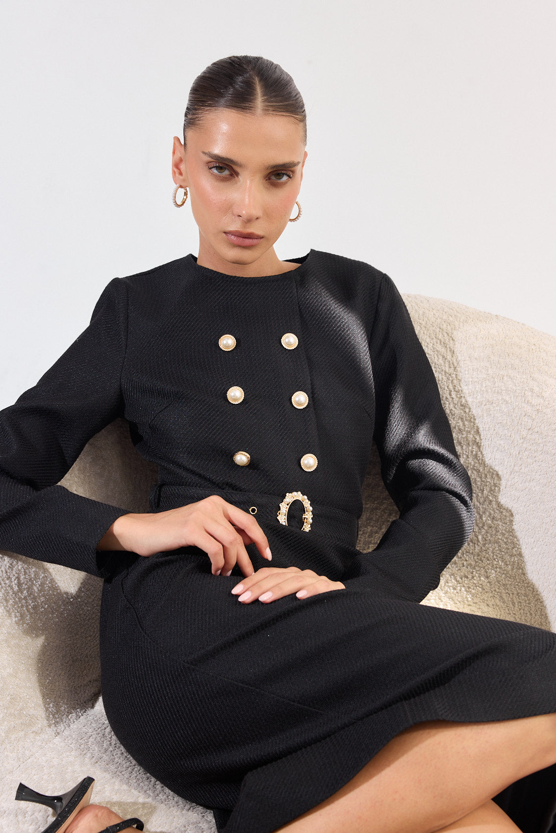 שמלת טוויד כפתרה כפולה