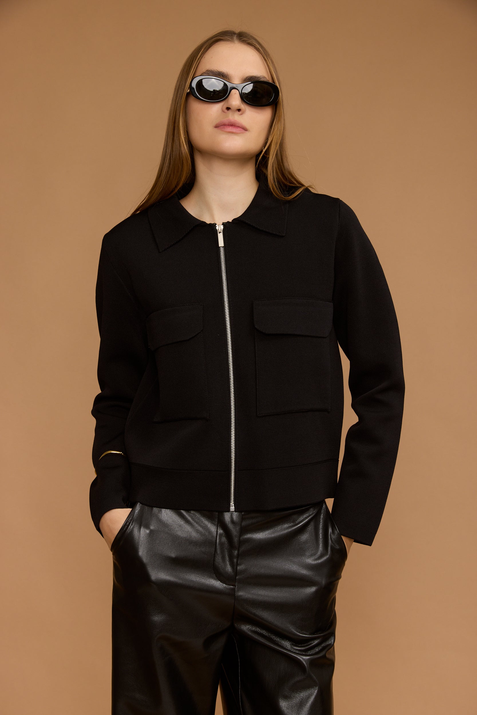 קרדיגן צווארון זיפר כיסים