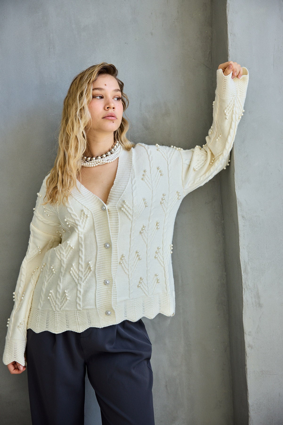 קרדיגן צמות עם פנינים