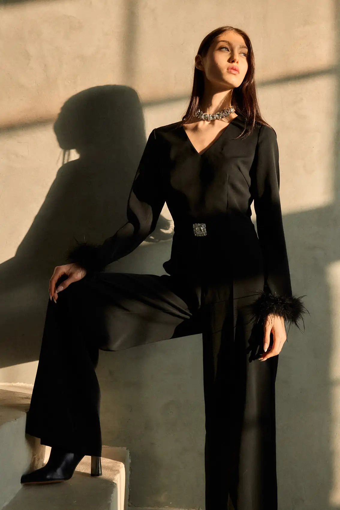 אוברול אבזם שרוול נוצות